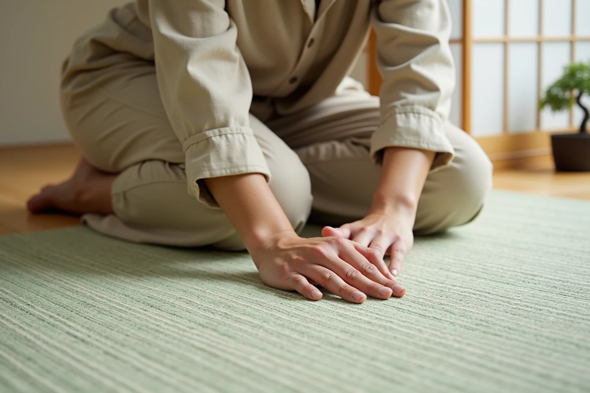 Femme examinant la texture d'un tapis japonisant à motif sashiko dans une pièce de méditation zen