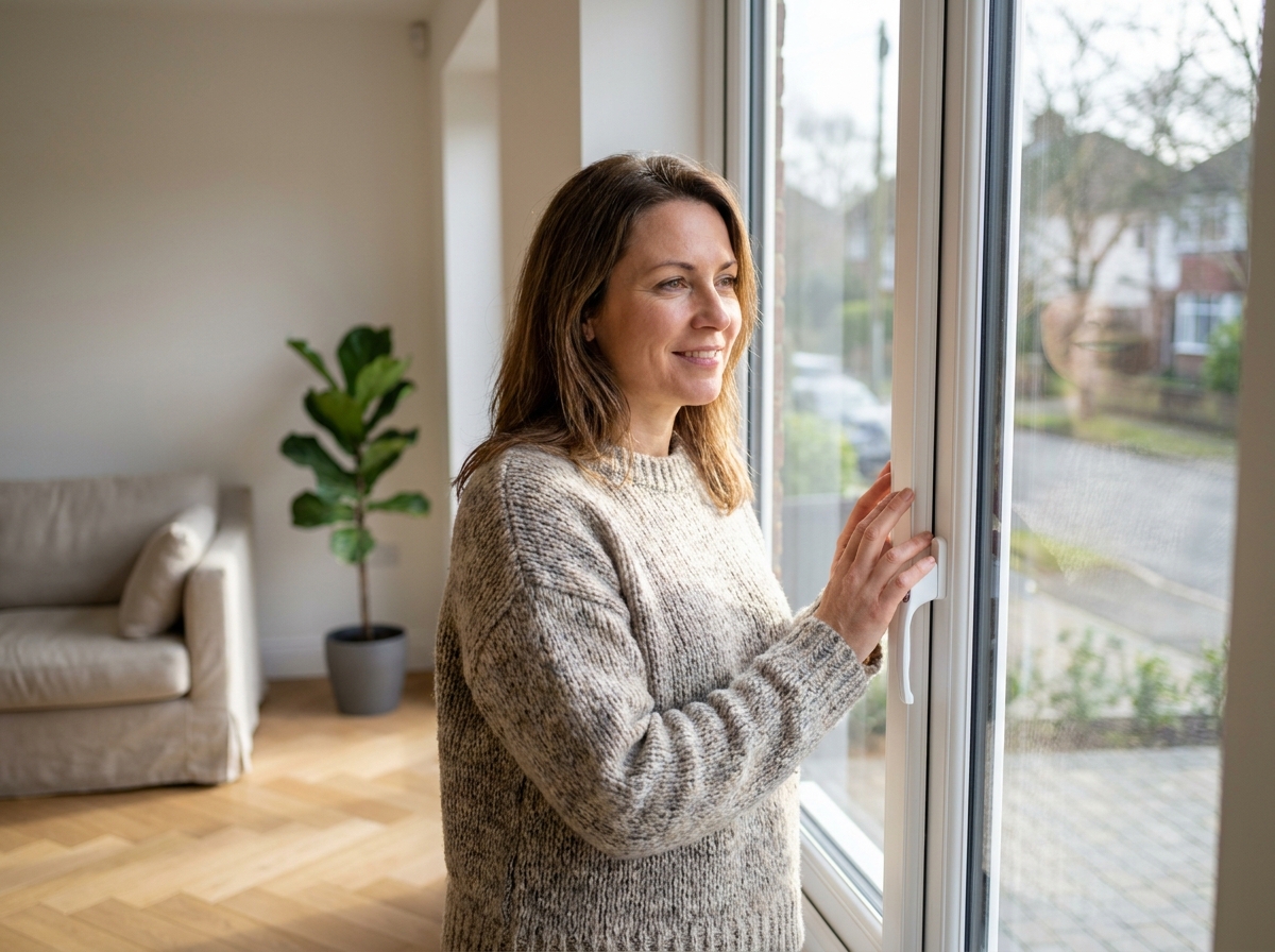 Femme posant la main sur une fenêtre à double vitrage dans un salon moderne, illustrant le confort thermique apporté par de nouvelles fenêtres