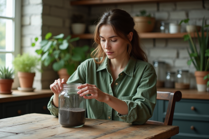 Jeune femme filtre l'eau de pluie dans une cuisine chaleureuse