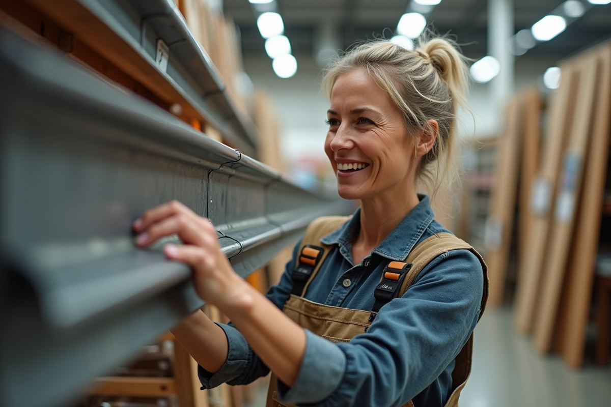 Femme souriante vérifiant une poutre de gazebo en magasin