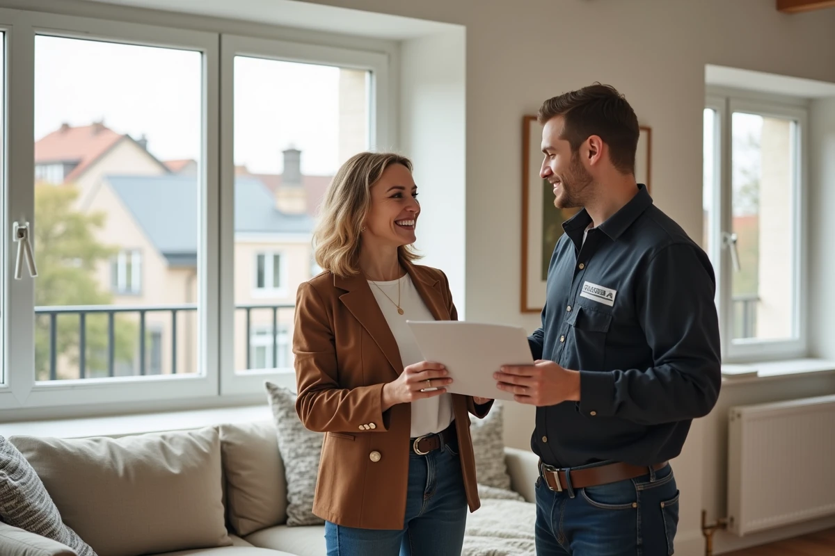 Femme souriante discutant avec un technicien dans un intérieur moderne