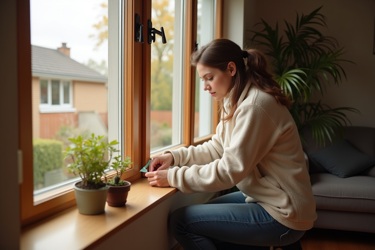 Femme en fleece isolant une fenêtre avec du ruban adhésif dans un salon ensoleille