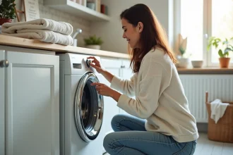 Femme d'âge moyen touchant une machine à laver moderne dans une buanderie lumineuse