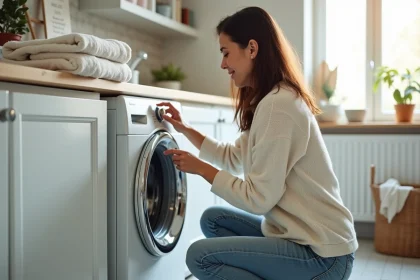 Femme d'âge moyen touchant une machine à laver moderne dans une buanderie lumineuse