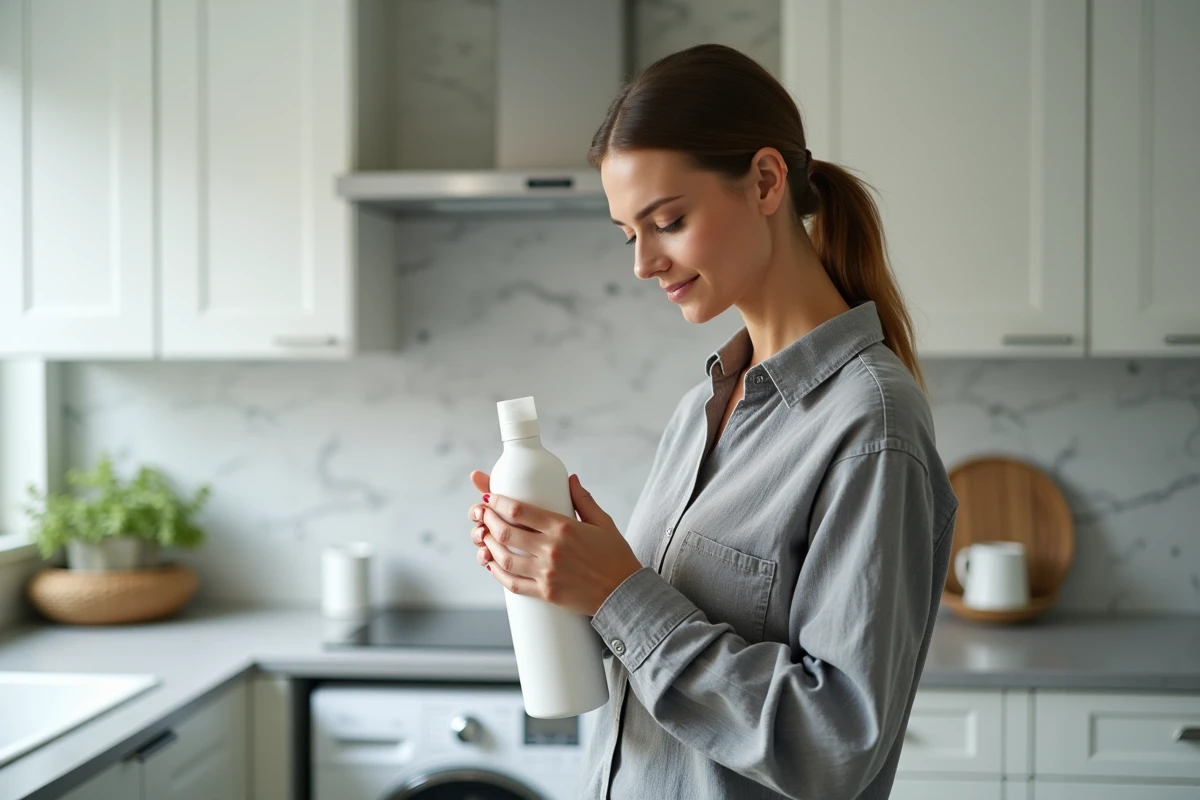 Femme lisant l'étiquette d'une bouteille de lessive liquide dans une cuisine moderne