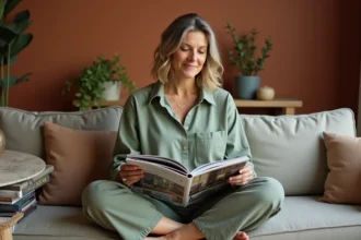 Femme lisant un magazine de décoration intérieure sur un canapé dans un salon chaleureux et personnalisé