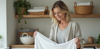 Femme ployant des draps blancs dans une buanderie moderne