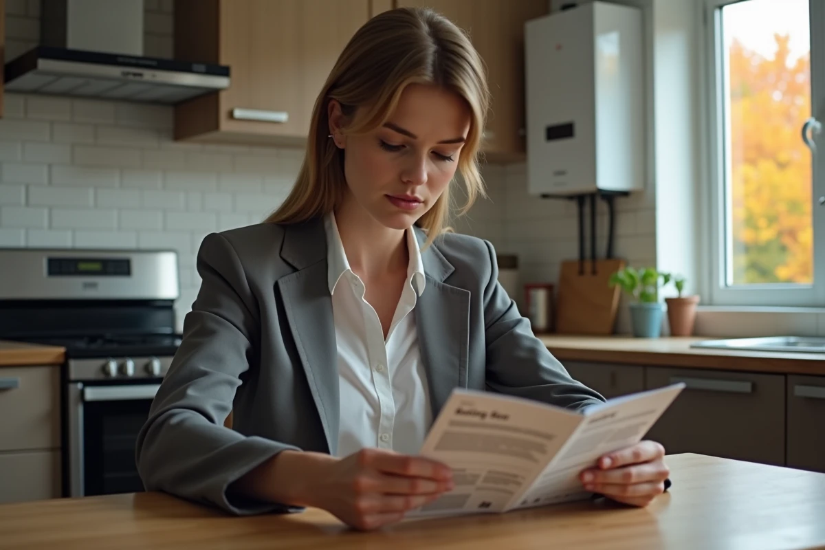 Jeune femme lit une brochure de sécurité au CO dans la cuisine