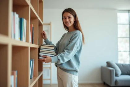 Jeune femme arrangeant des livres dans un salon moderne