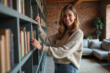 Femme souriante dans un salon sous-sol rénové et cosy
