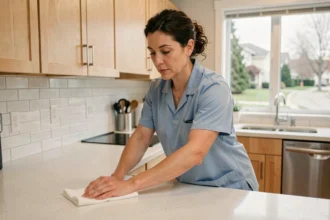 Femme de ménage professionnelle en uniforme bleu nettoyant un comptoir de cuisine moderne à Laval