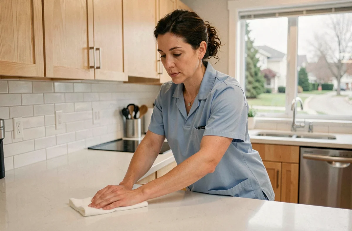 Femme de ménage professionnelle en uniforme bleu nettoyant un comptoir de cuisine moderne à Laval