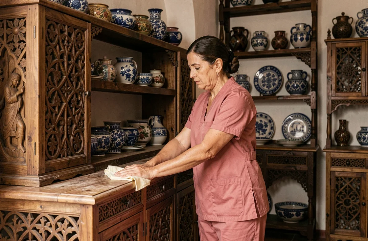 Femme de ménage à domicile dépoussiérant des meubles en bois sculpté et de la poterie dans une maison de Marrakech