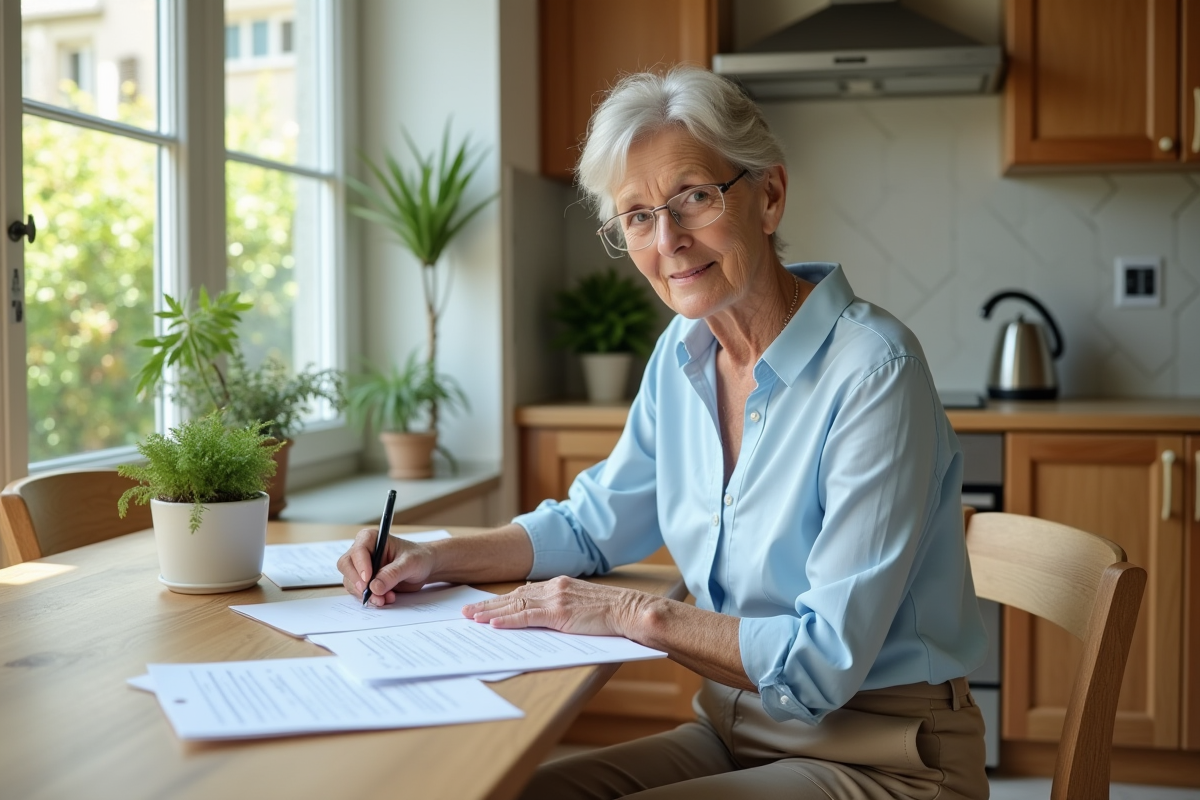 Femme organisant des papiers dans la cuisine lumineuse