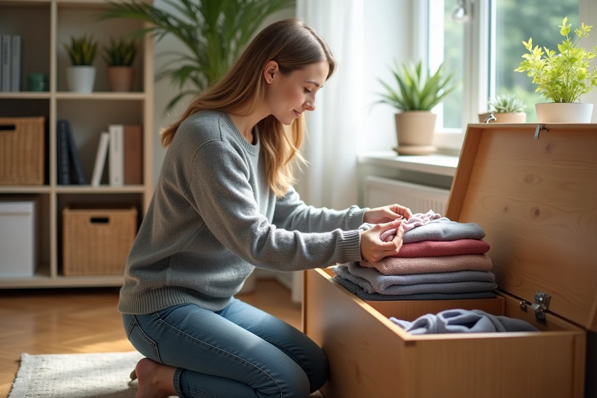 Femme plie des vêtements dans un salon lumineux et organisé