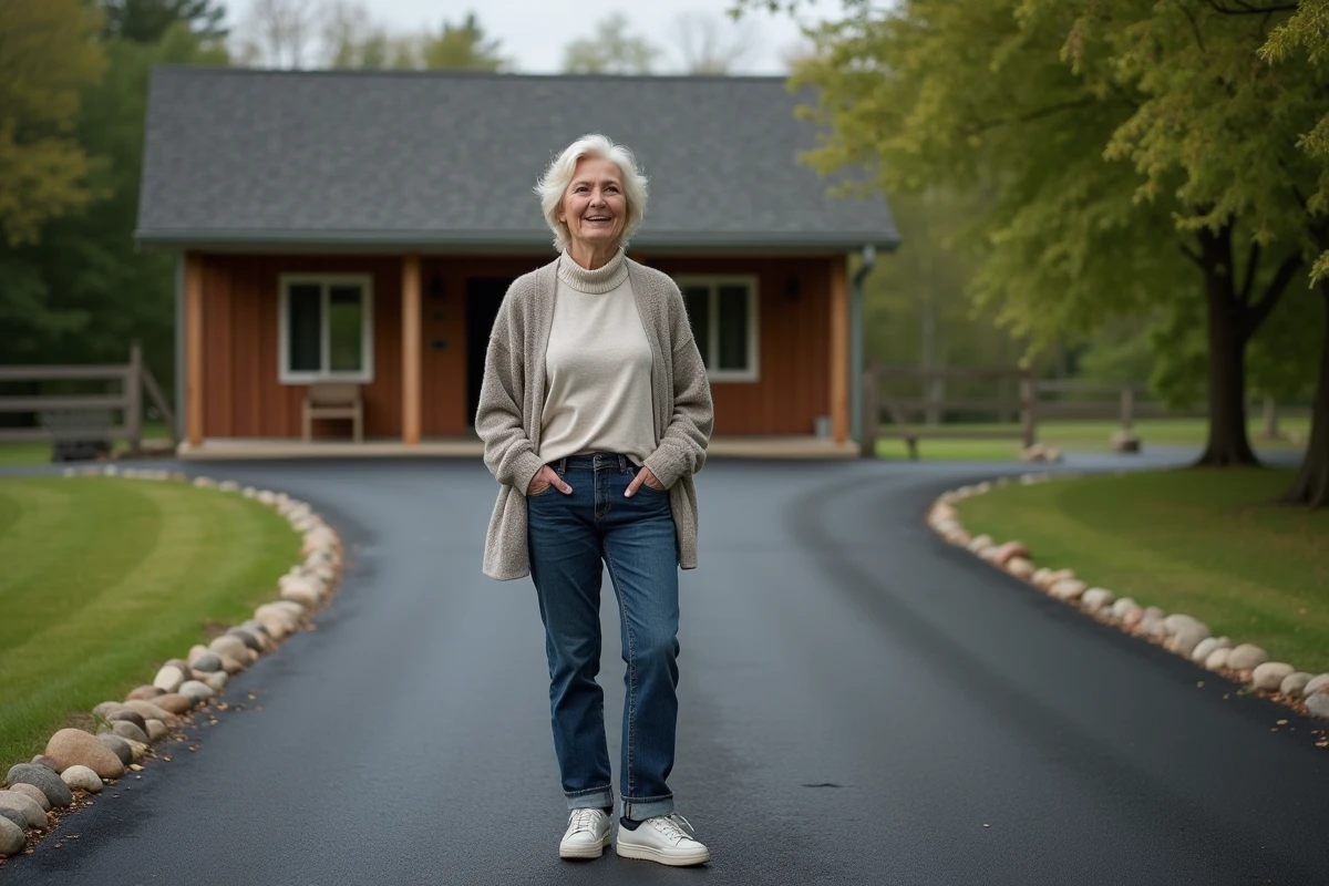 Femme regardant la nouvelle voie pavée en extérieur