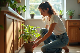 Femme d'âge moyen près d'une plante sèche dans la cuisine