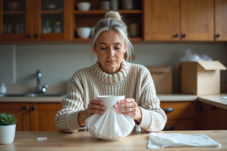 Femme en pull et jeans emballant une tasse en porcelaine