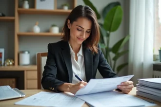 Femme professionnelle en bureau lumineux et organisé