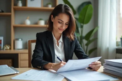 Femme professionnelle en bureau lumineux et organisé