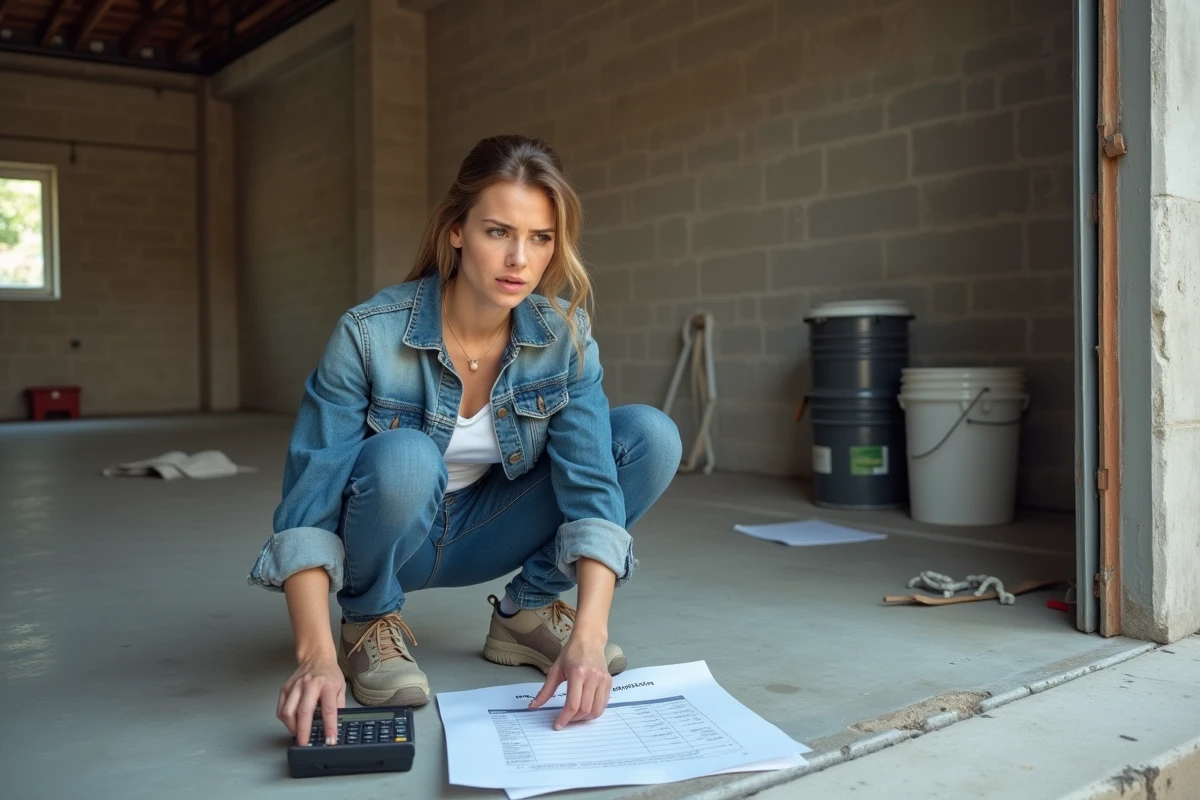 Femme vérifiant facture et calculatrice dans garage