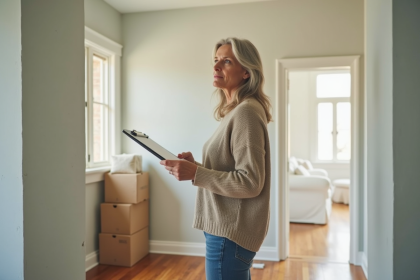 Femme examinant murs peints dans une maison renovée