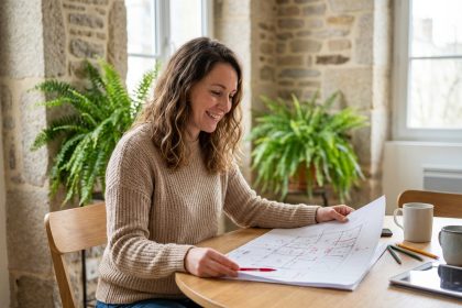 Femme souriante examine plans de renovation dans un appartement rennais