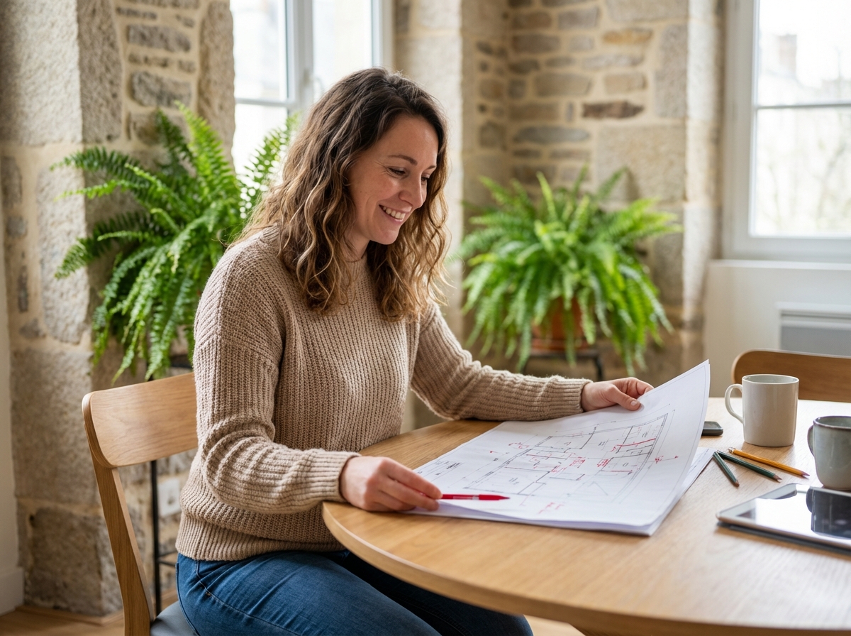 Femme souriante examine plans de renovation dans un appartement rennais
