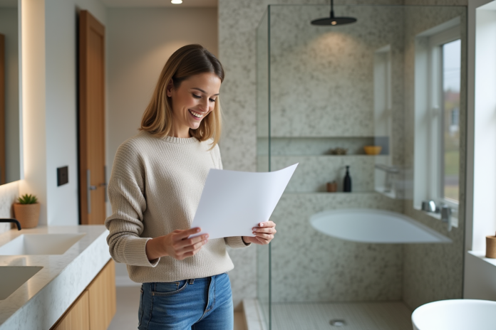 femme-renovation-salledebain Femme souriante dans une salle de bain rénovée
