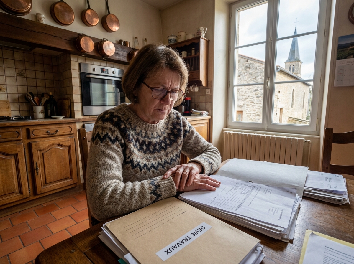 Femme retraitée examinant des devis dans sa cuisine