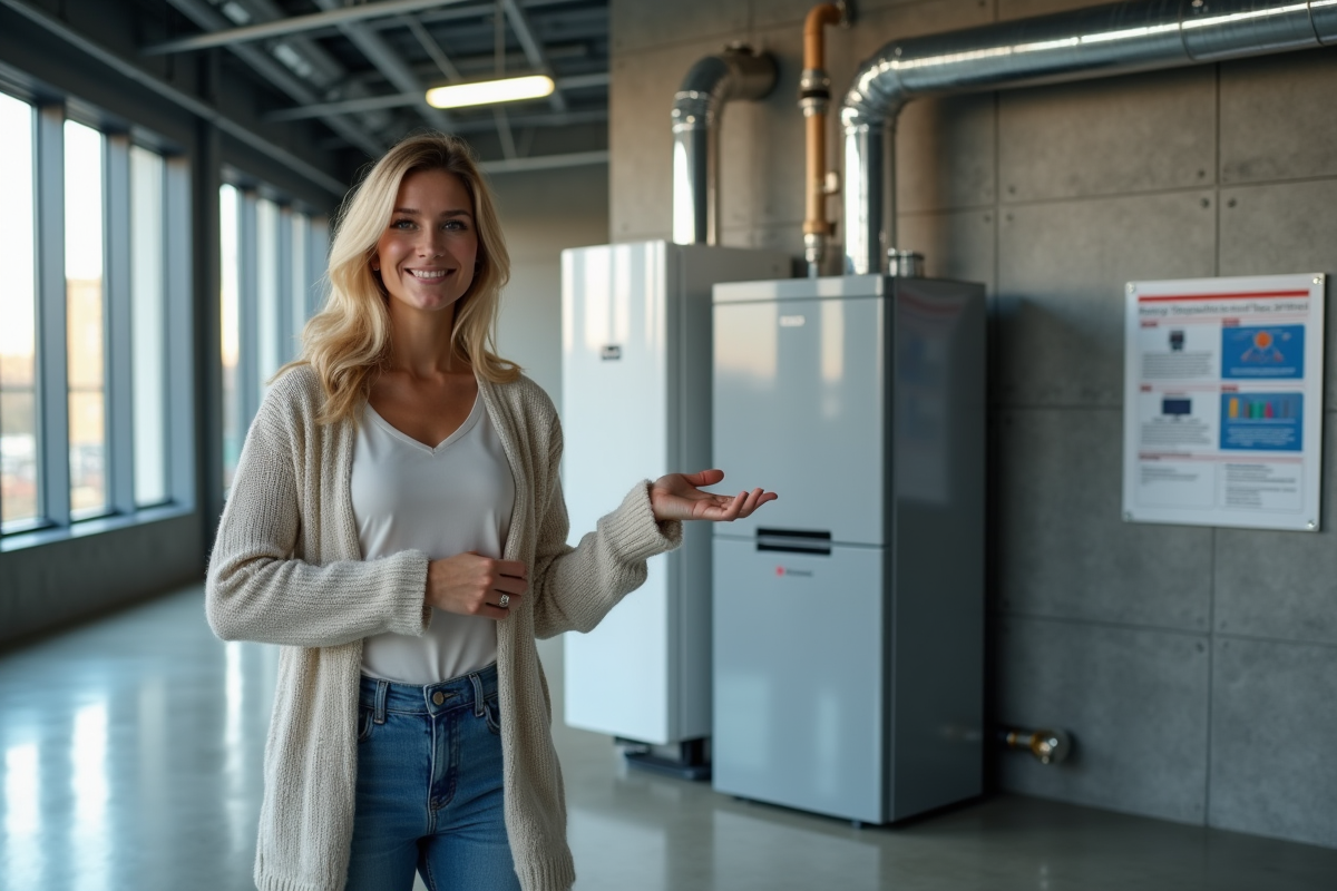 Jeune femme indiquant une chaudière dans un showroom moderne