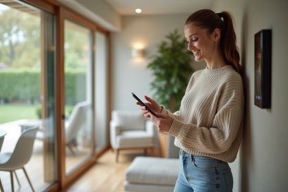 Femme souriante contrôlant un système domotique dans un salon moderne