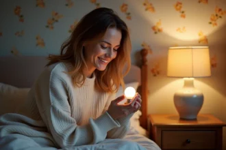 Femme souriante tenant une ampoule dans une chambre cozy