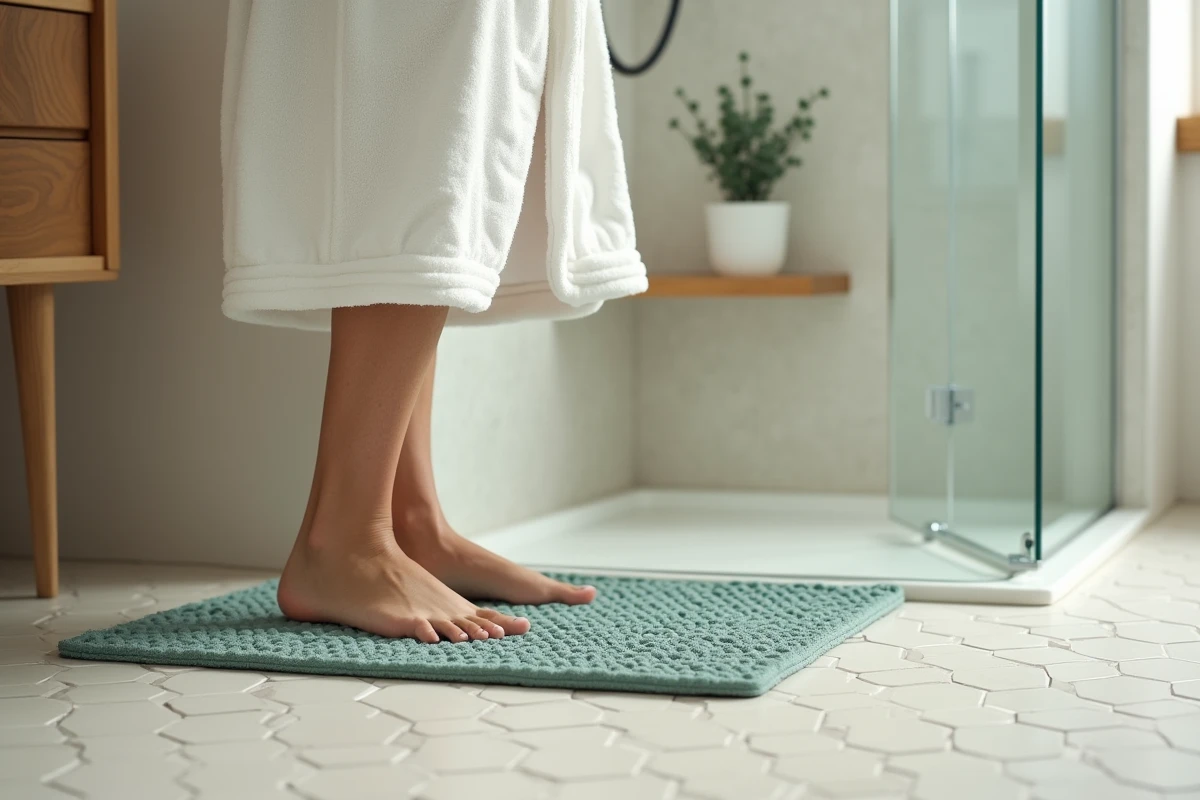 Femme sortant de la douche et posant le pied sur un tapis de bain antidérapant vert sauge
