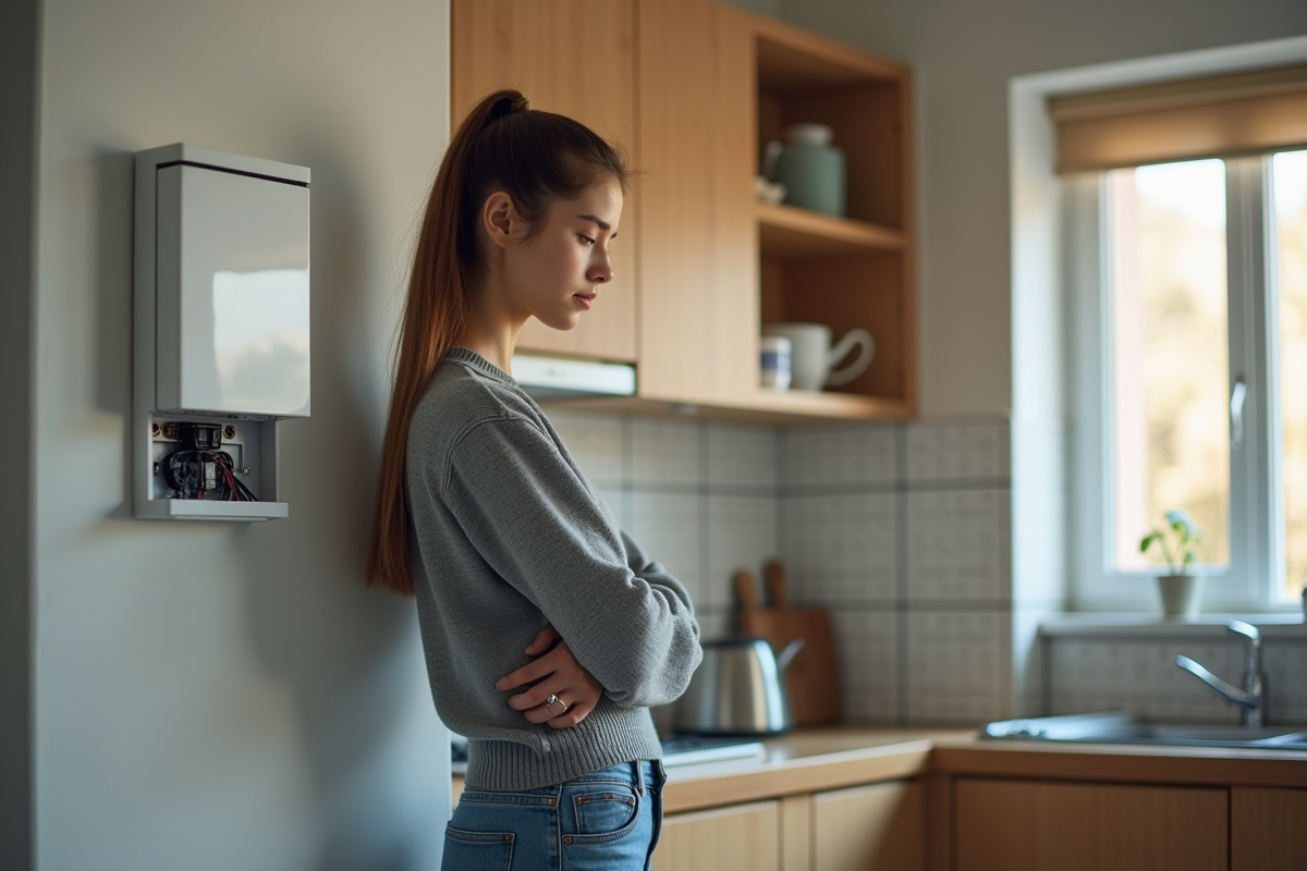 Jeune femme examinant une boite de fusibles dans la cuisine