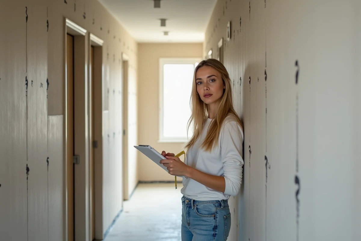Jeune femme contrôlant un mur en plaques de plâtre dans un couloir rénové