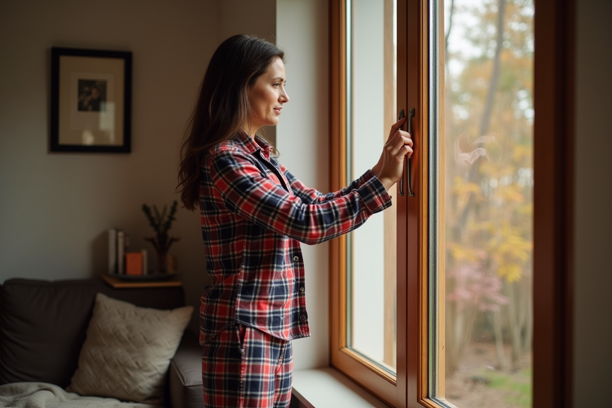 Femme vérifiant une fenêtre dans un salon chaleureux