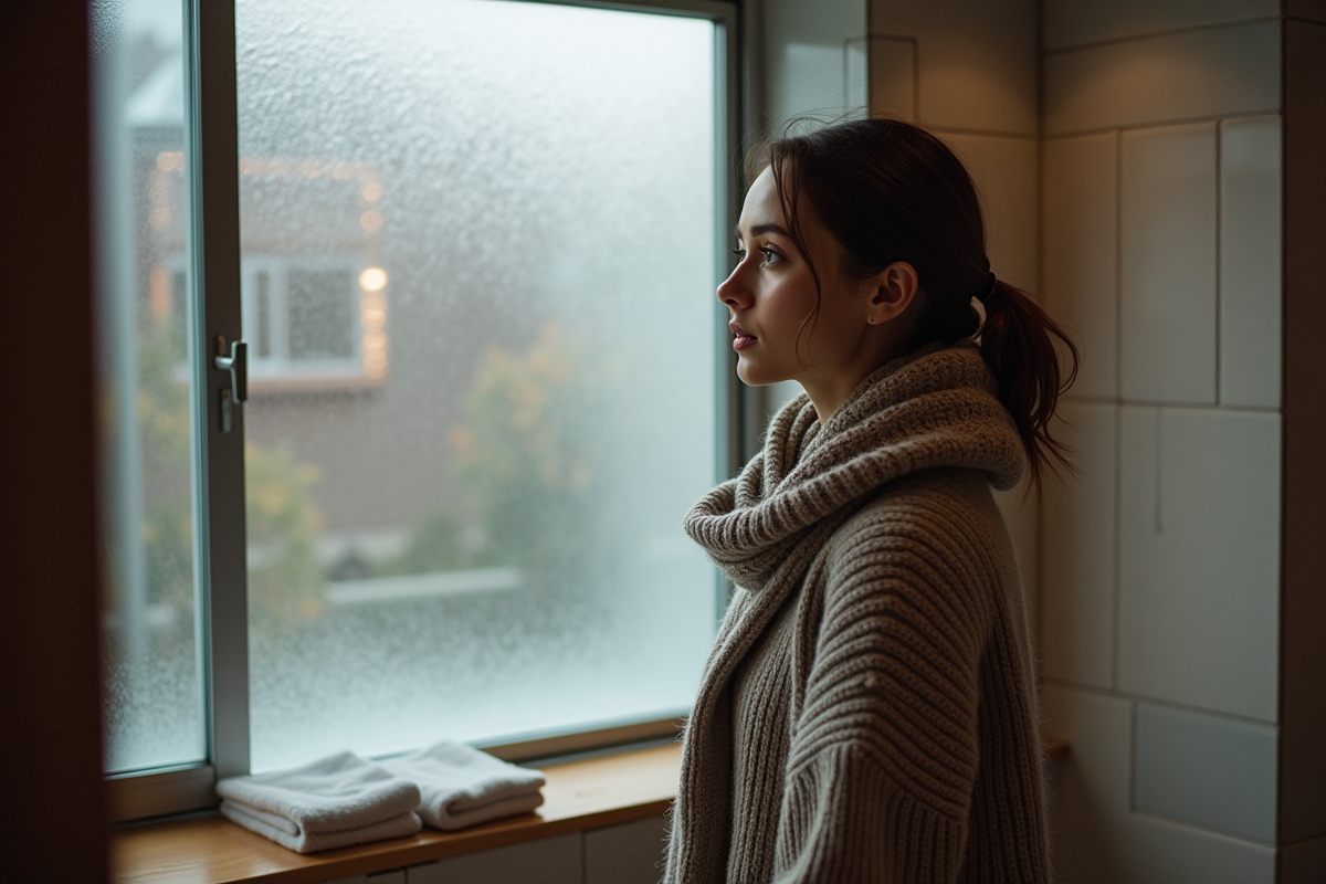 Femme regardant par une fenêtre givrée dans un spa intérieur