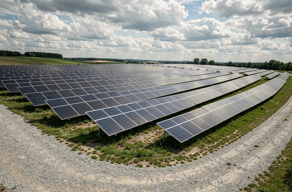 Ferme solaire rurale avec panneaux photovoltaïques bifaciaux installés sur des collines verdoyantes
