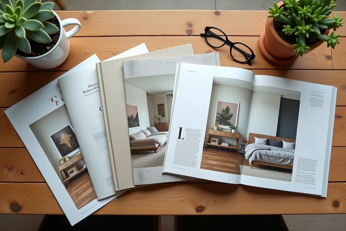 Flat lay de magazines de décoration maison comparés sur une table en bois avec café et plante