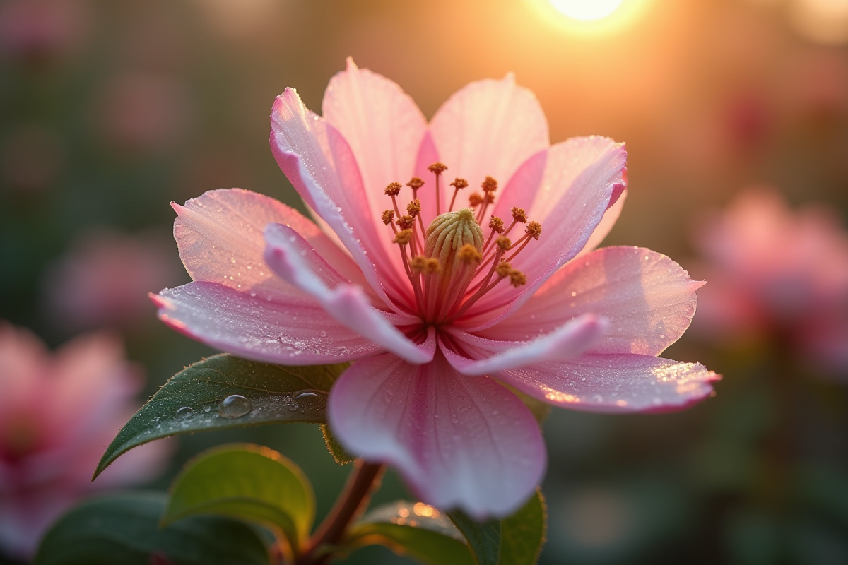 Gros plan sur fleurs de kalmia avec rosée du matin