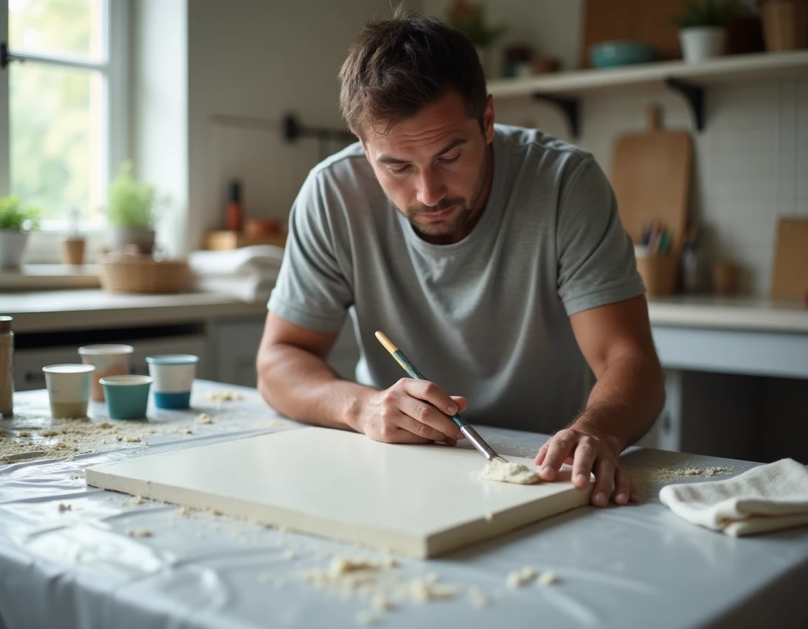 Homme appliquant du gesso blanc sur une plaque d'argile autodurcissante encore fraîche pour préparer la peinture