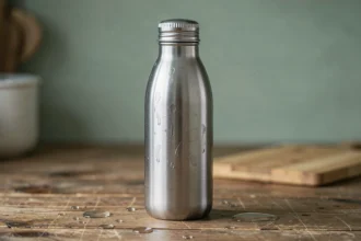 Gourde inox 1 litre avec bouchon vissé posée sur un plan de travail en bois, vue rapprochée montrant la texture brossée du métal