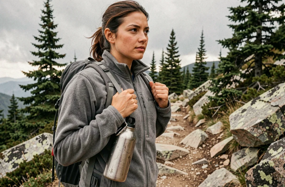 Femme randonneuse portant une gourde inox 1 litre accrochée à son sac à dos sur un sentier de montagne