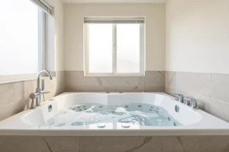 Grande baignoire balnéo double dans une salle de bain lumineuse