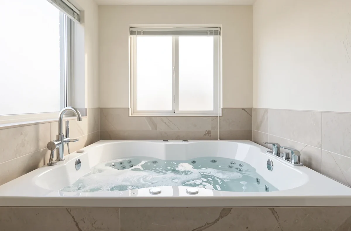 Grande baignoire balnéo double dans une salle de bain lumineuse