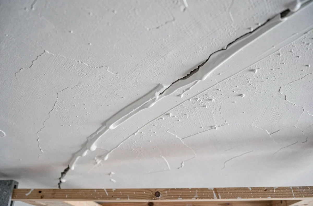 Gros plan sur une fissure au plafond en cours de réparation avec de l'enduit blanc fraîchement appliqué