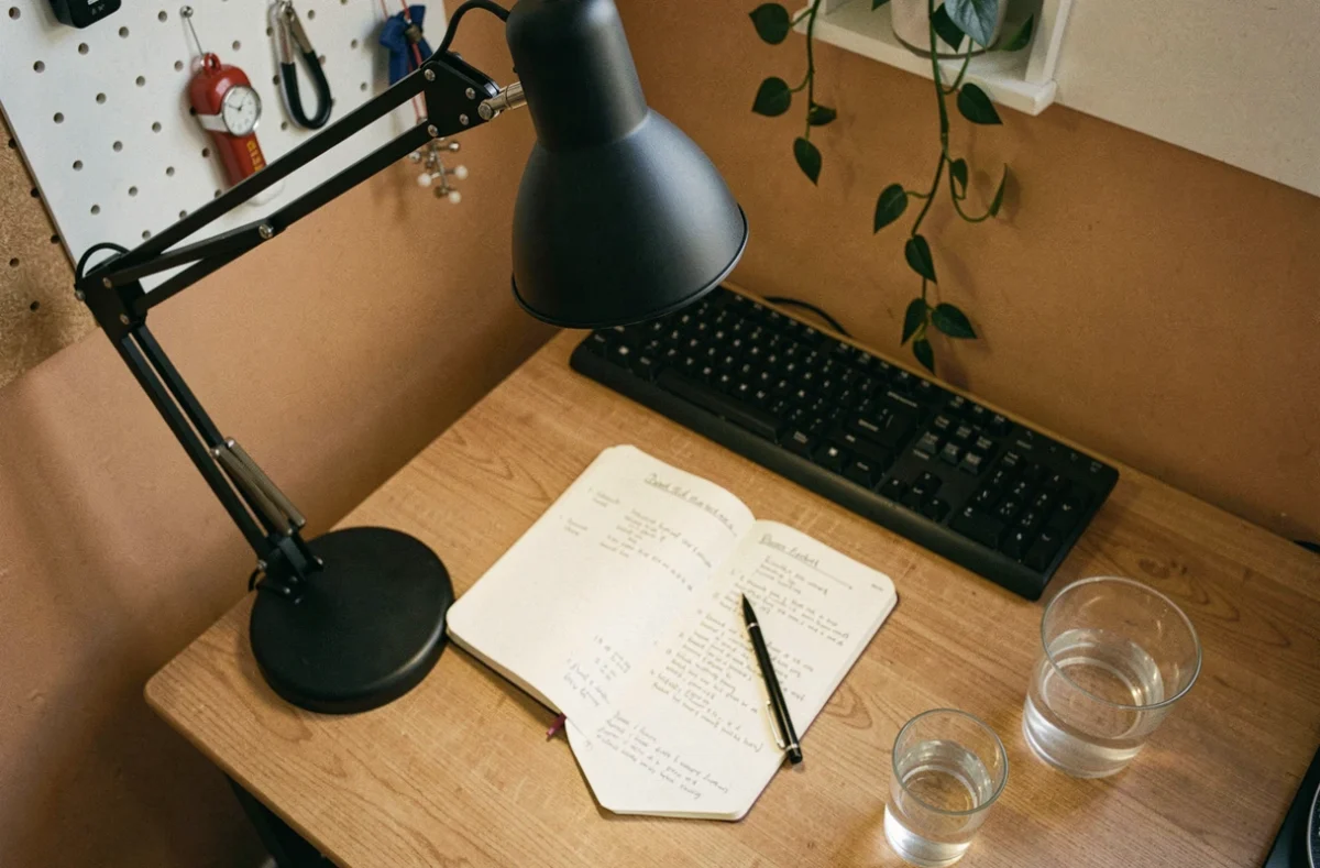 Gros plan d'un bureau ergonomique avec une lampe de bureau orientable et un carnet de notes illustrant l'importance de l'éclairage pour la productivité