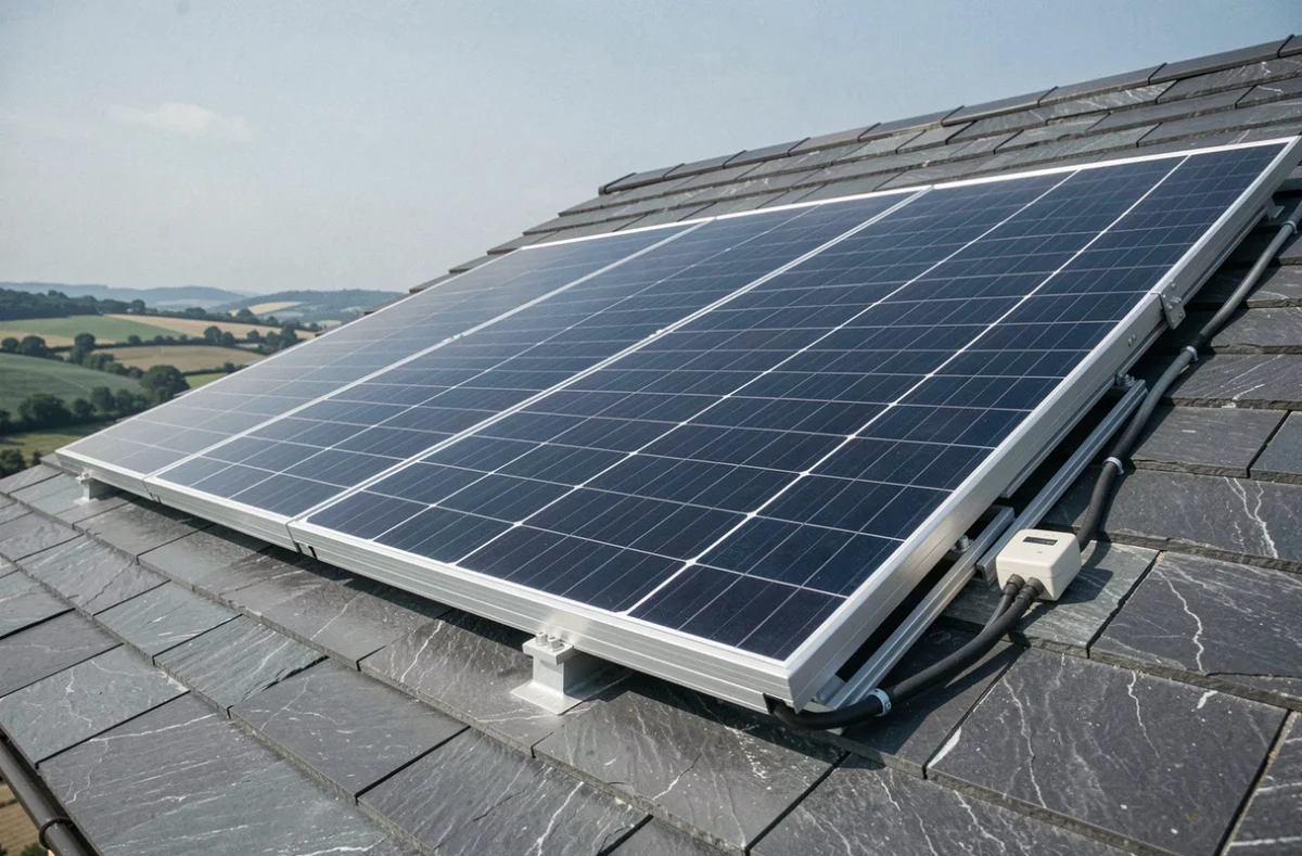 Gros plan sur des panneaux solaires monocristallins installés sur une toiture ardoise de maison individuelle