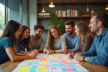 Groupe divers en réunion de brainstorming au bureau
